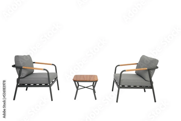 Fototapeta 2 gray sofa and table made of metal and wood in the yard , White background
