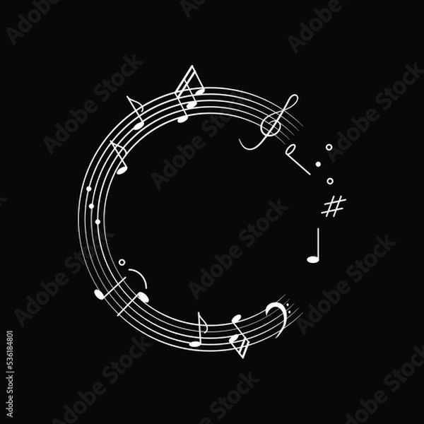 Fototapeta Music background doodle notes as round frame. Vector illustration with melody symbols, musical notes, treble clef in white on black background for design decoration
