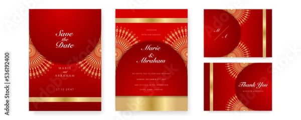 Fototapeta Royal red wedding invitation card design with golden mandala and abstract pattern