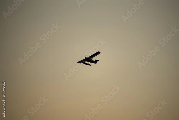 Fototapeta silhouette of an airplane flying in the sky