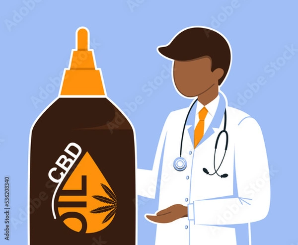 Fototapeta CBD oil. The doctor on the poster offers an alternative treatment. Alternative healthcare illustration. Flat vector illustration.