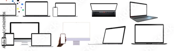 Fototapeta laptop set, desktop empty background PNG used for websiet design, informatics design, technology, advertising
