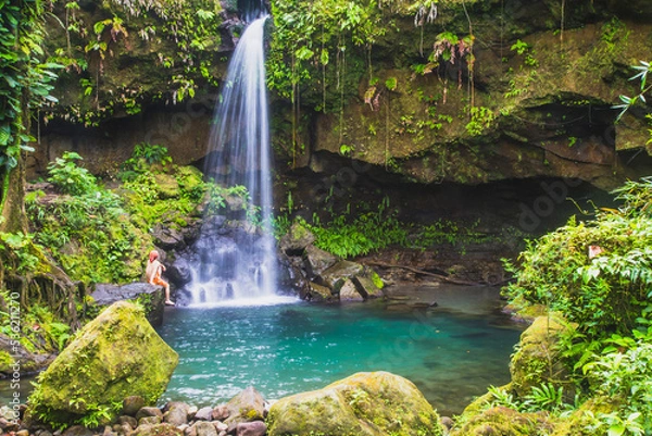 Obraz A swimmer enjoying Emerald Pool in the lush rain forest, the waterfall is a beautiful jewel of Dominica in the Caribbean