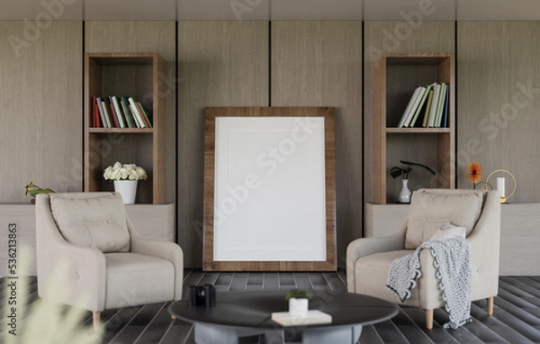 Fototapeta 3D mockup blank photo frame in living room rendering