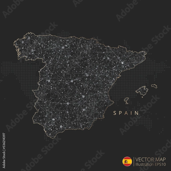Fototapeta Spain map abstract geometric mesh polygonal light concept with black and white glowing contour lines countries and dots on dark background. Vector illustration eps10