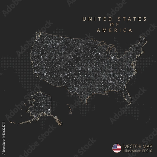 Fototapeta United States of America map abstract geometric mesh polygonal light concept with black and white glowing contour lines countries and dots on dark background. Vector illustration