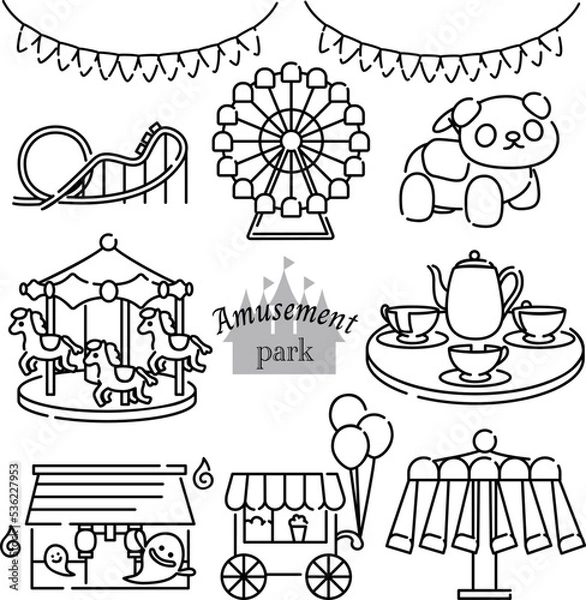 Obraz 遊園地セット　線画のみ　モノクロ