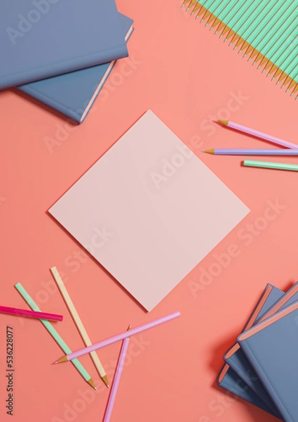 Fototapeta Bright, neon, salmon pink 3D illustration back to school product display one podium or stand top view, flat lay, from above with pencils, and books on table for product photography background 