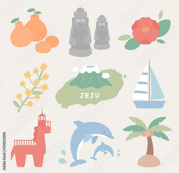 Fototapeta 한국 휴양지 제주도 상징 일러스트 이미지 모음