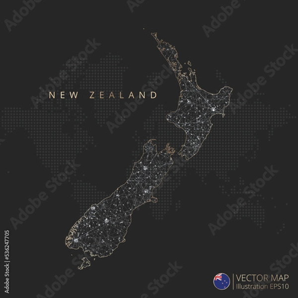 Fototapeta New Zealand map abstract geometric mesh polygonal light concept with black and white glowing contour lines countries and dots on dark background. Vector illustration