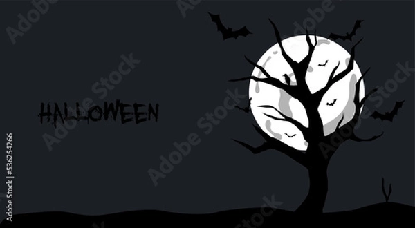 Fototapeta halloween tree silhouette tree and bat silhouette against full moon light at night, halloween background vector illustration