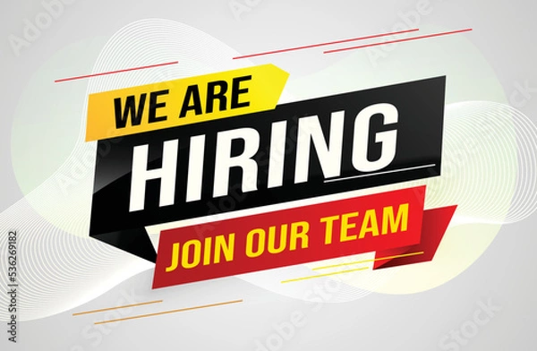 Fototapeta hiring recruitment Join now design for banner poster We are hiring lettering with geometric shapes lines. Vector illustration typographic. Open vacancy design template modern concept