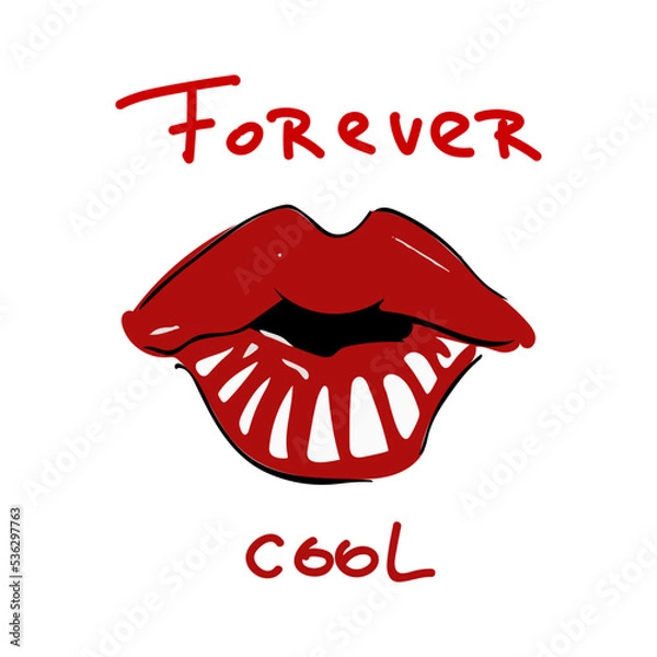 Fototapeta Isolated inscription in red color Forever cool and lips in the shape of a kiss. Handwritten phrase for design t-shirt, postcard, prints, stickers or social media. Vector illustration.