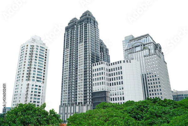 Obraz skyscrapers in downtown city. city building landscape, some people said many high building is like city landmark of jakarta amazing for design or brochure or company profile. High building transparent