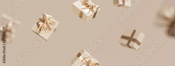 Fototapeta 3D gift box, golden ribbon bow levitating on beige pastel background. Flying present abstract for woman. Creative realistic minimal gifts. Copy space banner for text. Birthday or Christmas 3d render
