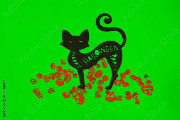 Obraz Halloween Pumpkins and Black cat on the green screen background.