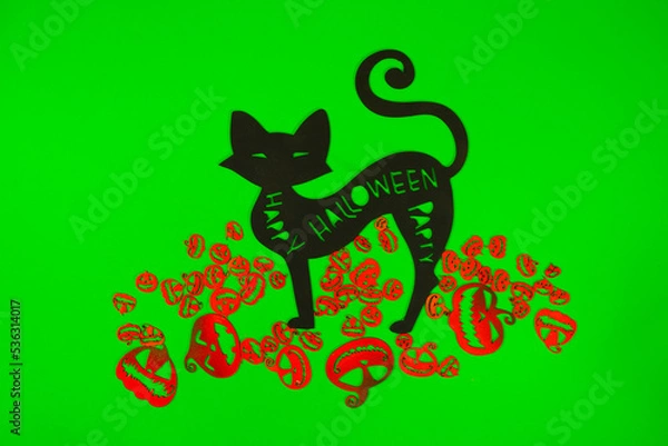 Obraz Halloween Pumpkins and Black cat on the green screen background.