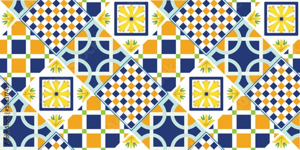 Obraz Abstract Geometric Tile Pattern Italian Sicily Style Moroccan Interior Design Perfect for Allover Fabric Print or Interior Kitchen Design Chic Sweet Color Combinations Squares Florals Ornament