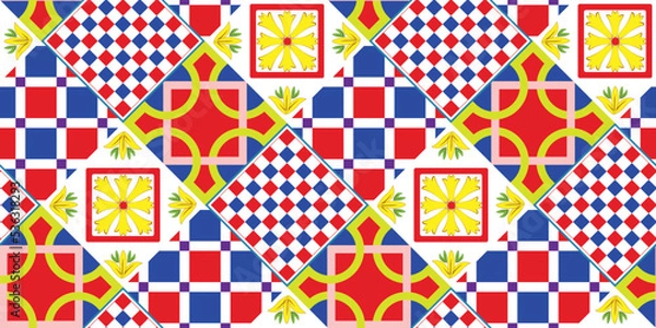 Obraz Abstract Geometric Tile Pattern Italian Sicily Style Moroccan Interior Design Perfect for Allover Fabric Print or Interior Kitchen Design Chic Sweet Color Combinations Squares Florals Ornament