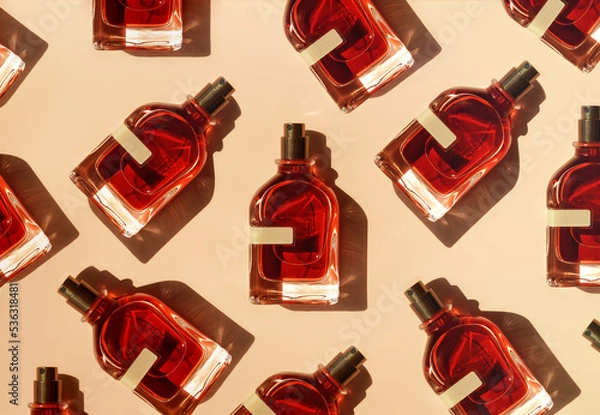 Fototapeta Pattern of different perfume bottles on a pastel beige background in the sunlight. Flat lay, top view. Luxury presentation mockup. Red, yellow and orange samples of aroma water