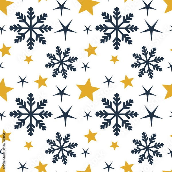 Fototapeta seamless pattern of yellow stars and blue snowflakes. New Year and Christmas background. print for fabric and wrapping paper