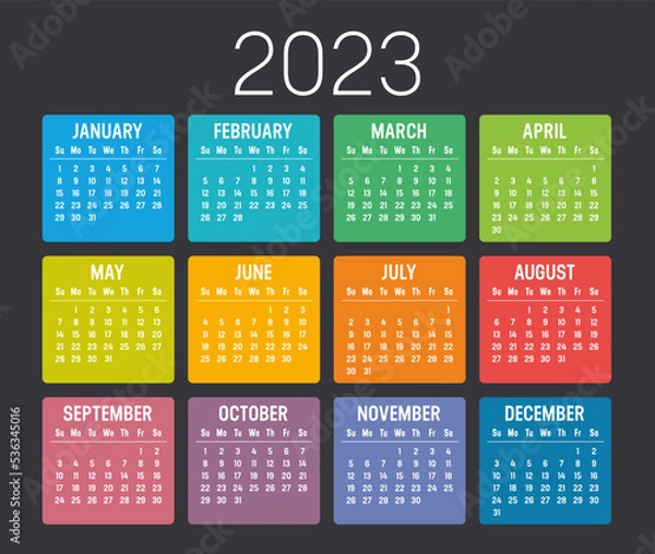 Fototapeta Colorful year 2023 calendar isolated on black background. Vector Template.