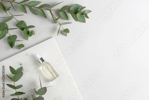 Fototapeta Glass bottle of serum on marble podium and green eucalyptus branches on light grey background top view. Natural layout for cometic product advertising. Copy space for text. Eco concept flat lay.