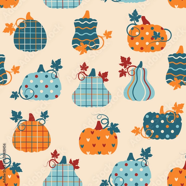 Fototapeta Seamless pattern with patchwork pumpkins with different prints on them. Vector illustration.