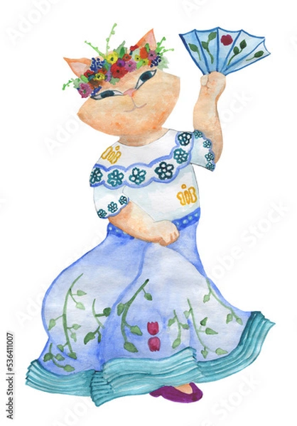 Fototapeta The cat is dancing in a beautiful dress with patterned embroidery. Watercolor illustration.