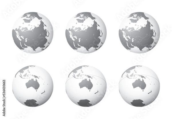 Fototapeta Set of Earth globes focusing on the North Asia (top row) and the Australia (bottom row). Carefully layered and grouped for easy editing. You can edit or remove separately the sphere, the lands, the bo