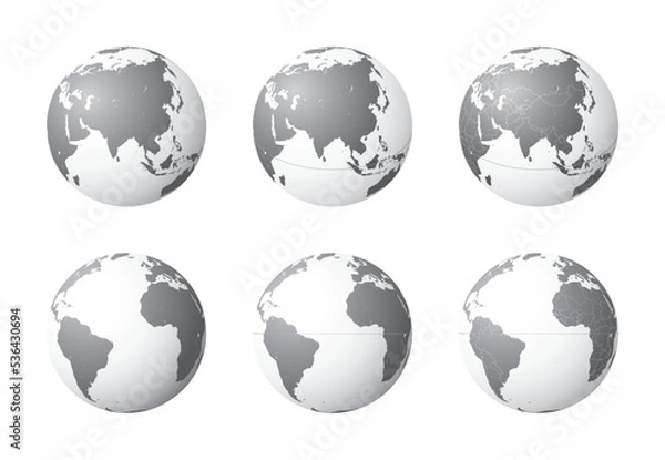 Fototapeta Set of Earth globes focusing on the Asia (top row) and the Atlantic Ocean (bottom row). Carefully layered and grouped for easy editing. You can edit or remove separately the sphere, the lands, the bor