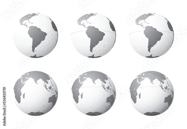 Fototapeta Set of Earth globes focusing on the South America (top row) and the Indian Ocean (bottom row). Carefully layered and grouped for easy editing. You can edit or remove separately the sphere, the lands, 