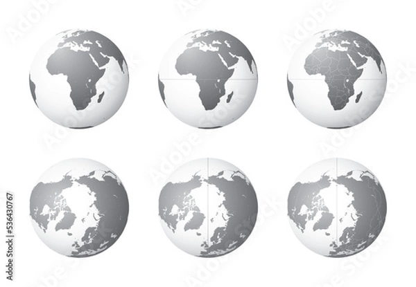 Fototapeta Set of Earth globes focusing on the Africa (top row) and the Arctic (bottom row). Carefully layered and grouped for easy editing. You can edit or remove separately the sphere, the lands, the borders o