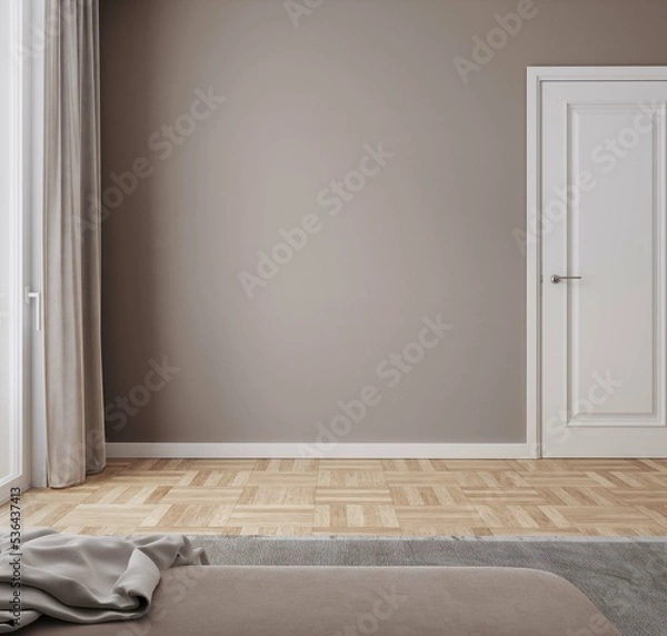 Fototapeta Puste wnętrze salonu do zaaranżowania meblem z zasłoną, pufą z kocykiem