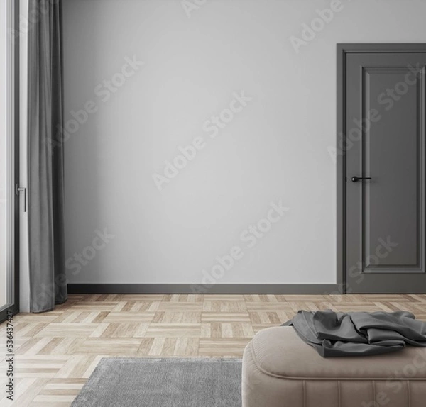 Fototapeta Puste wnętrze salonu do zaaranżowania meblem z zasłoną, pufą z kocykiem