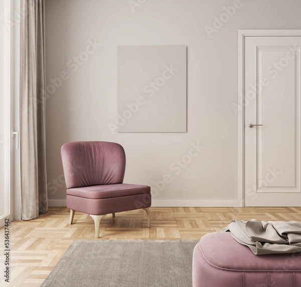 Fototapeta Minimalistic interior design. empty poster frame in modern interior background with pink armchair
