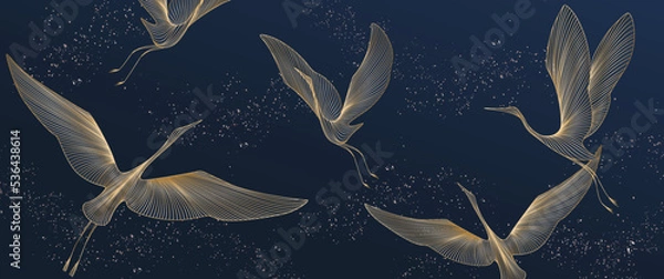 Obraz Dark blue art background with birds in gold line art style. Vector banner with oriental pattern of cranes for wallpaper, interior, decor, textile, print, packaging.