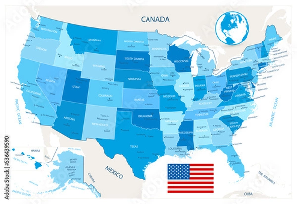 Obraz Highly detailed USA map isolated on white. Blue colors
