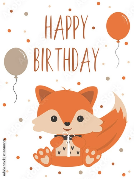 Obraz cute happy birthday card with fox