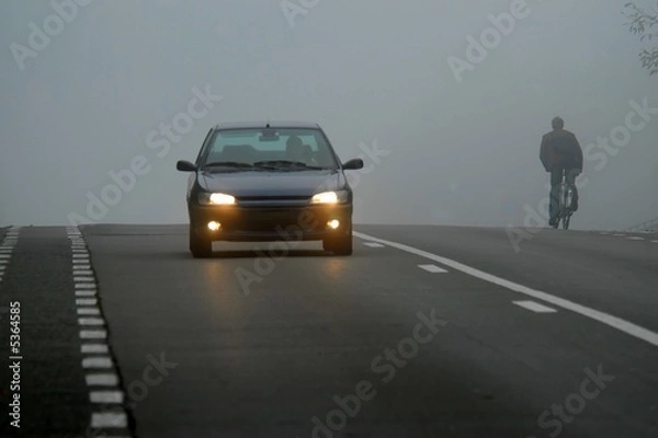 Fototapeta Car appearing through fog 
