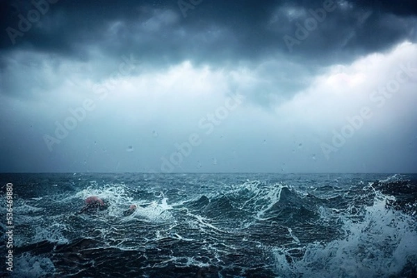 Obraz sea wave during storm in the ocean with big clouds and rain.