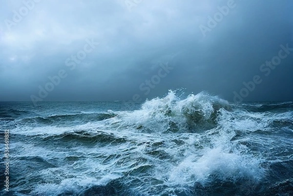 Obraz sea wave during storm in the ocean with big clouds and rain.