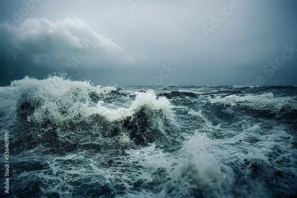 Obraz sea wave during storm in the ocean with big clouds and rain.