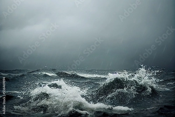 Obraz sea wave during storm in the ocean with big clouds and rain.