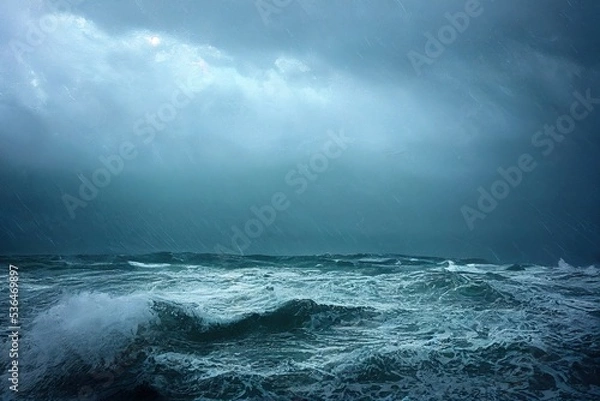 Obraz sea wave during storm in the ocean with big clouds and rain.
