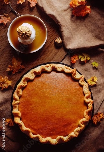 Obraz Food photography scene of a pumpkin pie with walnuts and leaves in a fall setting.