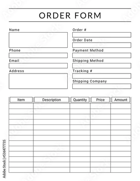 Fototapeta Printable Order Form Template. Minimal & Simple Order Form. Black & white Order Form Template. A4 Size Order Form Template.