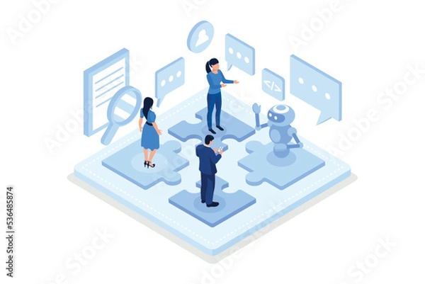 Obraz Interaction between team and robot. Can use for web banner, infographics, hero images, isometric vector modern illustration