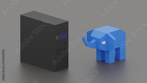 Fototapeta Blue elephant and tower server on grey background. PostgreSQL free database symbol concept or metaphor. 3d illustration