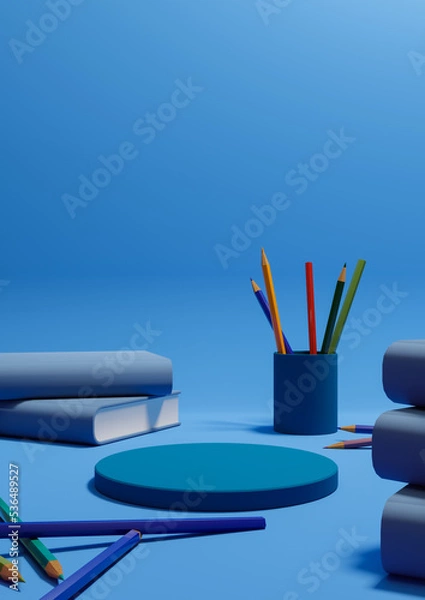 Fototapeta Bright, dark, pastel blue 3D illustration back to school product display one podium or stand vertical from the side with pencils, and books on table for product photography background or wallpaper